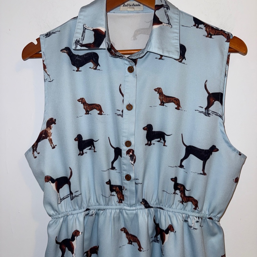 🐶 LaVieLente Sleeveless Dog Print Shirt Dress Light Blue Collared Mini Size XXL - Picture 6 of 15